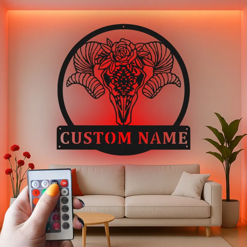 Insegna in metallo personalizzata con teschio di montone | Insegna LED per decorazione boho e rustica | Regalo unico in stile sud-occidentale