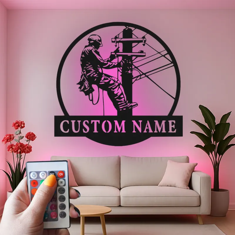 Arte mural LED de metal para liniero | Cartel personalizado con nombre para electricista | Regalo personalizado para trabajador de servicios públicos | Decoración industrial para oficina y garaje