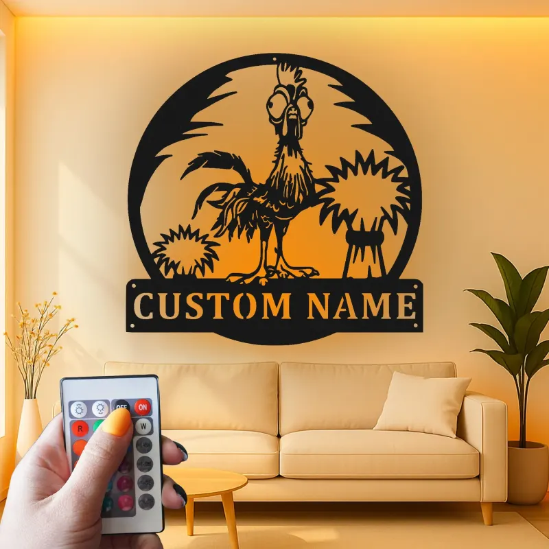 Cartel de Metal Personalizado de Gallo | Decoración LED Personalizada para Gallinero | Arte Mural Divertido para Granjero