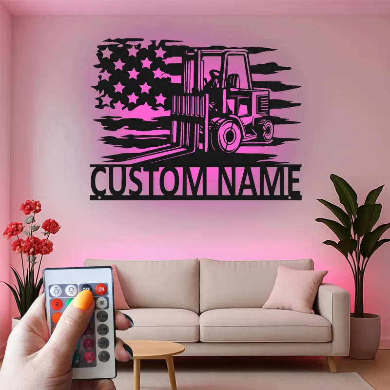 Enseigne en métal personnalisée pour chariot élévateur avec LED | Décoration industrielle avec prénom | Décor de garage et cadeau pour lui | Décoration murale drapeau américain