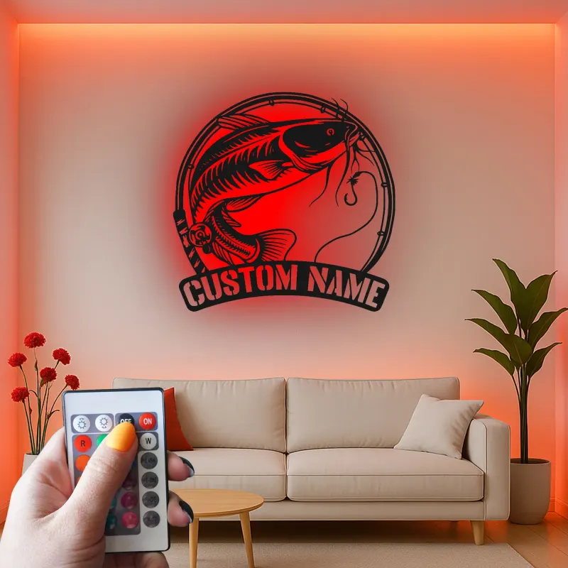 Custom Catfish LED Metal Sign | Personalized Fisherman Gift | Lake House Decor | Lighted Cabin Wall Art