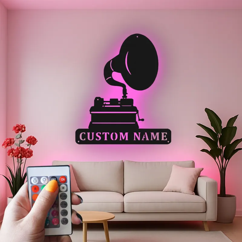 Personalisierte Vintage Phonograph LED Licht Metall-Wandkunst Geschenk für Musikliebhaber, Retro-Wohnzimmer-Dekor