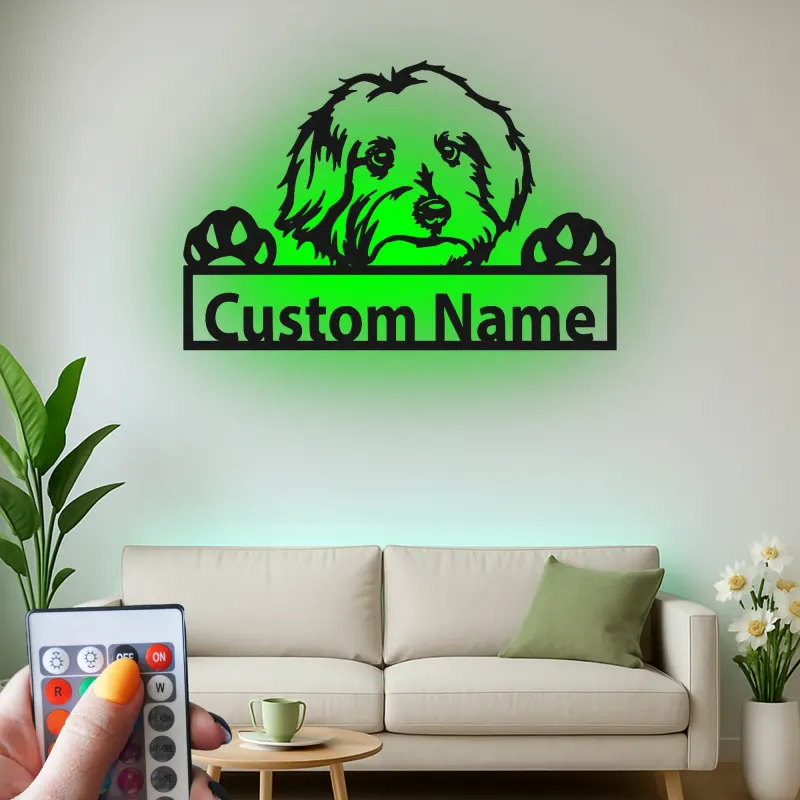 Cartel de metal personalizado con silueta de perro y luz LED, regalo para amantes de mascotas, decoración para salón