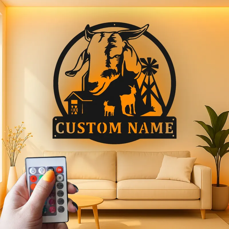 Custom Goat Farm Sign | Personalized LED Metal Wall Art | Rustic Barnyard Decor for Farmer Family Gift