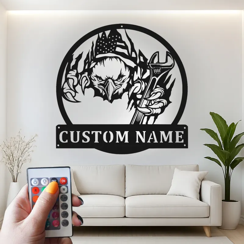 Custom Eagle with Wrench Led Light Metal Wall Art Patriotic Gift for Mechanics Garage Decor