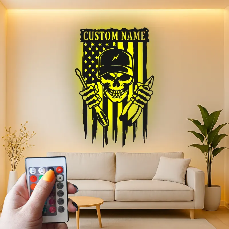 Panneau en métal crâne de mécanicien personnalisé | Décoration murale rétroéclairée pour garage | Cadeau patriotique pour réparateur avec drapeau américain