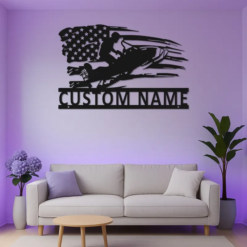 Personalisiertes Schneemobil LED-Schild | Metall-Wandkunst mit amerikanischer Flagge | Individuelle Garagendekoration für Wintersportfans