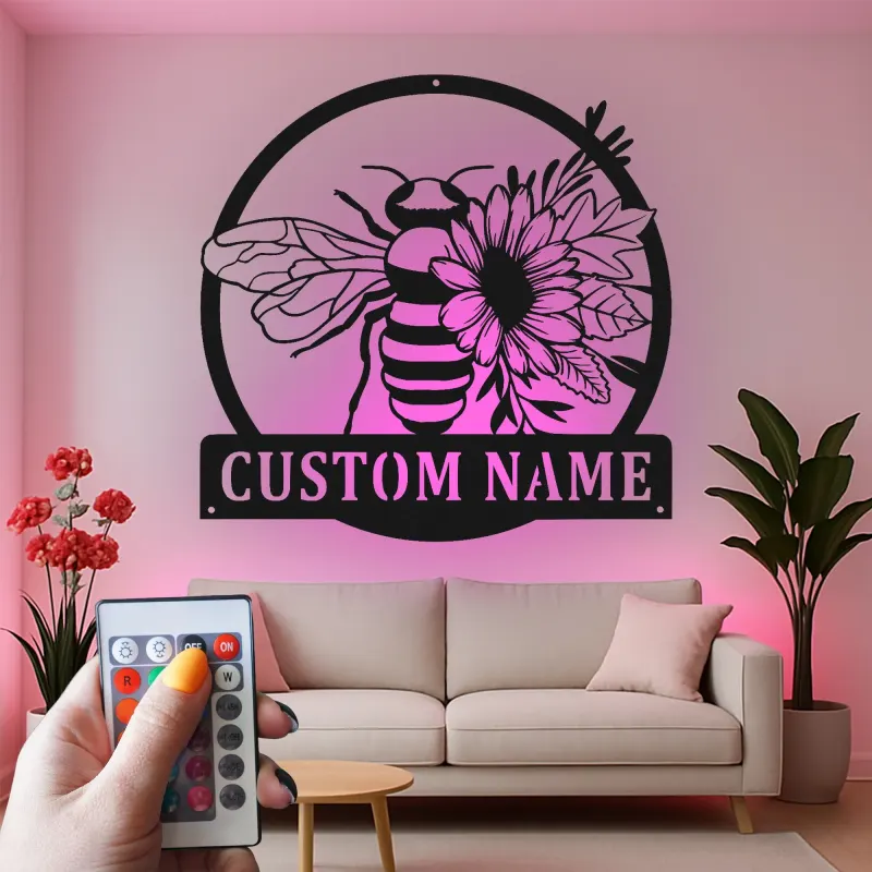 Custom Bee and Flower Led Light Metal Wall Art Personalized Garden Lover Gift Outdoor Patio Decor