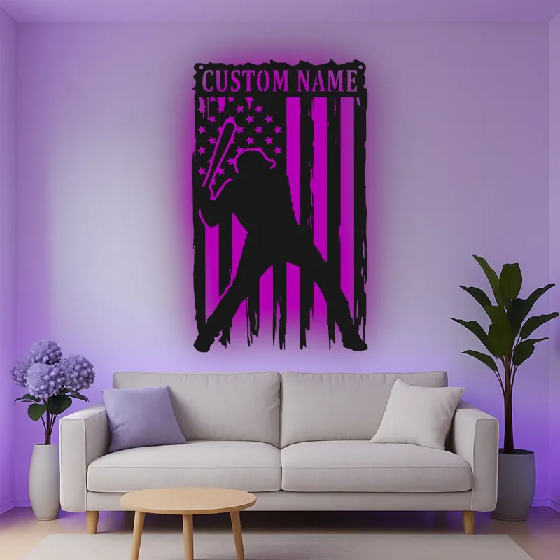 Décoration murale en métal personnalisée joueur de baseball avec rétroéclairage LED