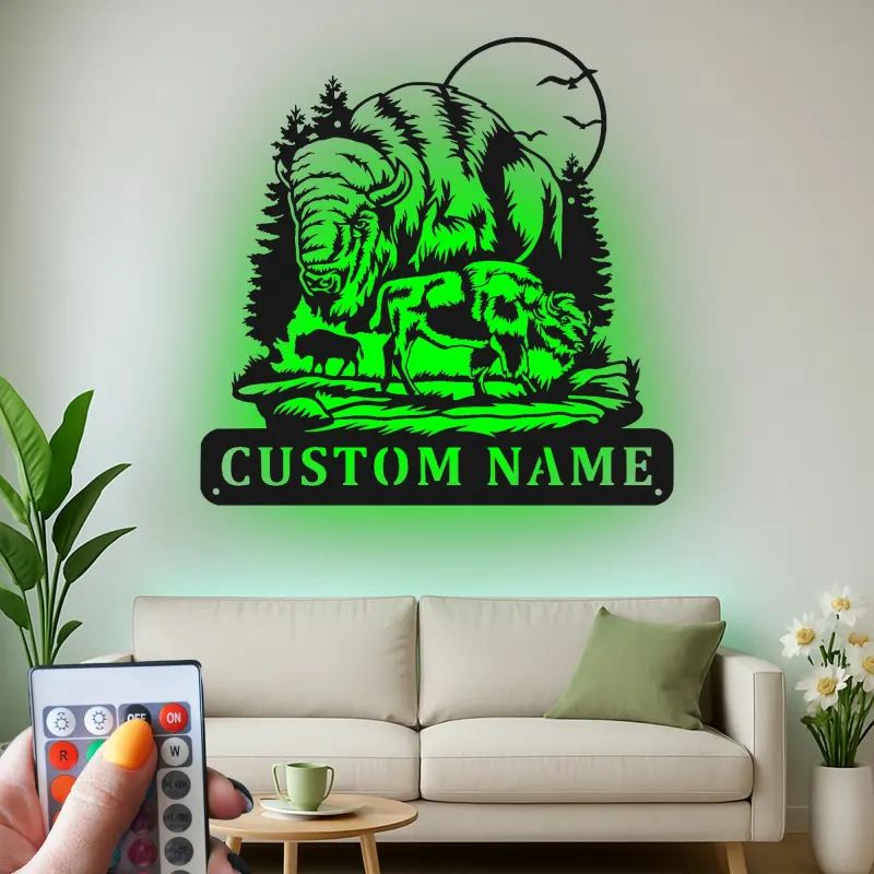 Décoration murale en métal personnalisée avec bison et forêt en rétroéclairage LED - Cadeau faune rustique pour cabane