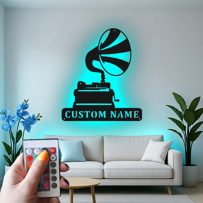Décoration murale en métal LED personnalisée pour les amoureux de la musique - Gramophone