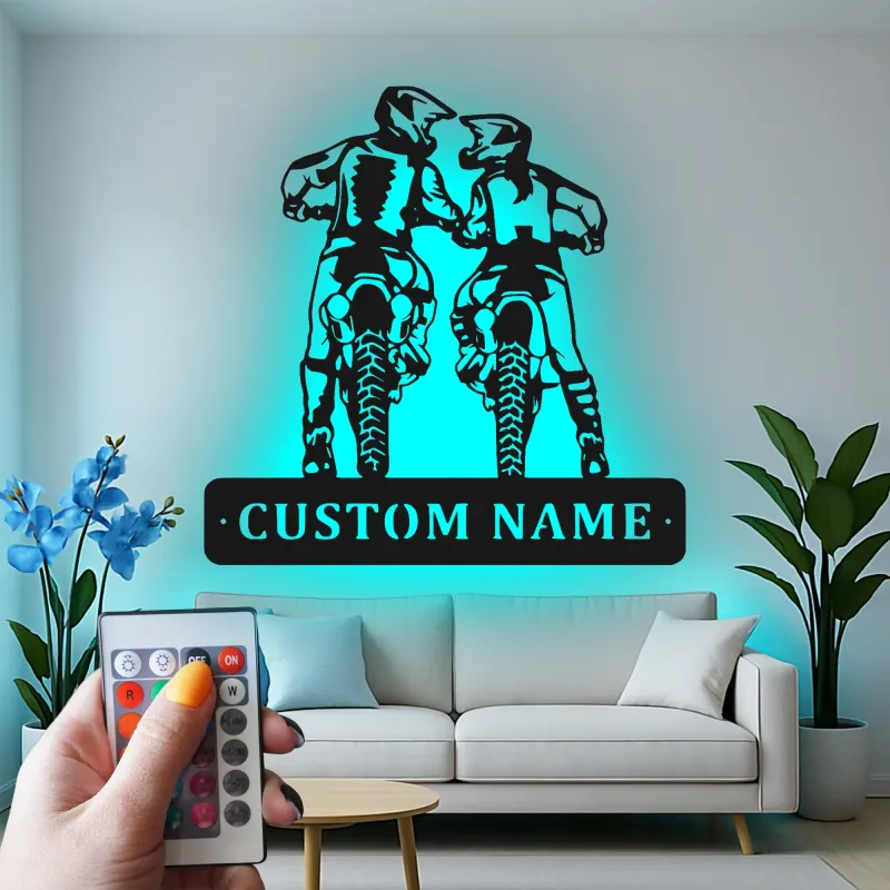 Personalisierte LED-Beleuchtung Metall-Wandkunst für Motocross-Fahrer – Geschenk für Dirtbike-Enthusiasten, Garage oder Man Cave Dekor