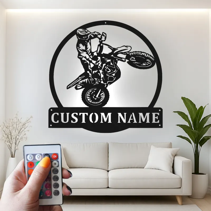 Custom Motocross Rider Led Light Metal Wall Art Personalized Gift for Dirt Bike Enthusiasts Garage Decor