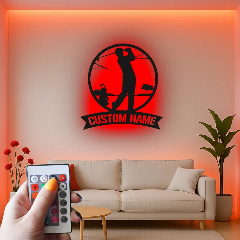 Panneau métallique personnalisé pour golfeur | Décoration murale LED personnalisée | Cadeau pour amateur de golf | Déco de man cave et bar à domicile