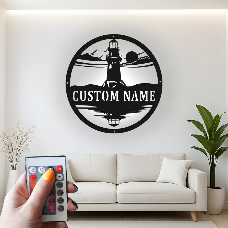 Panneau en métal phare LED personnalisé | Art mural nautique personnalisé | Décor côtier et maison de plage
