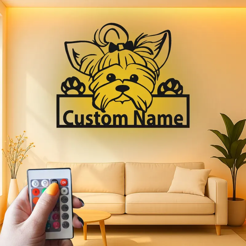 Décoration murale en métal LED personnalisée pour Yorkshire Terrier - Cadeau pour amoureux des chiens - Décor pour chambre ou salon