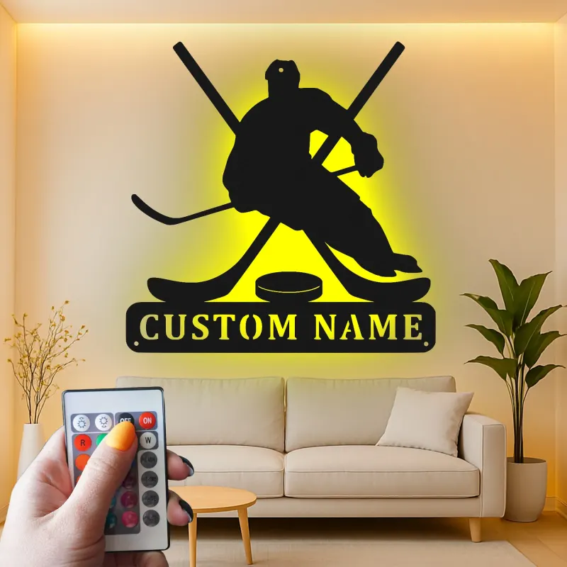 Custom Hockey Player Metal Sign | LED Light Wall Art | Personalized Game Room Decor | Hockey Fan Gift