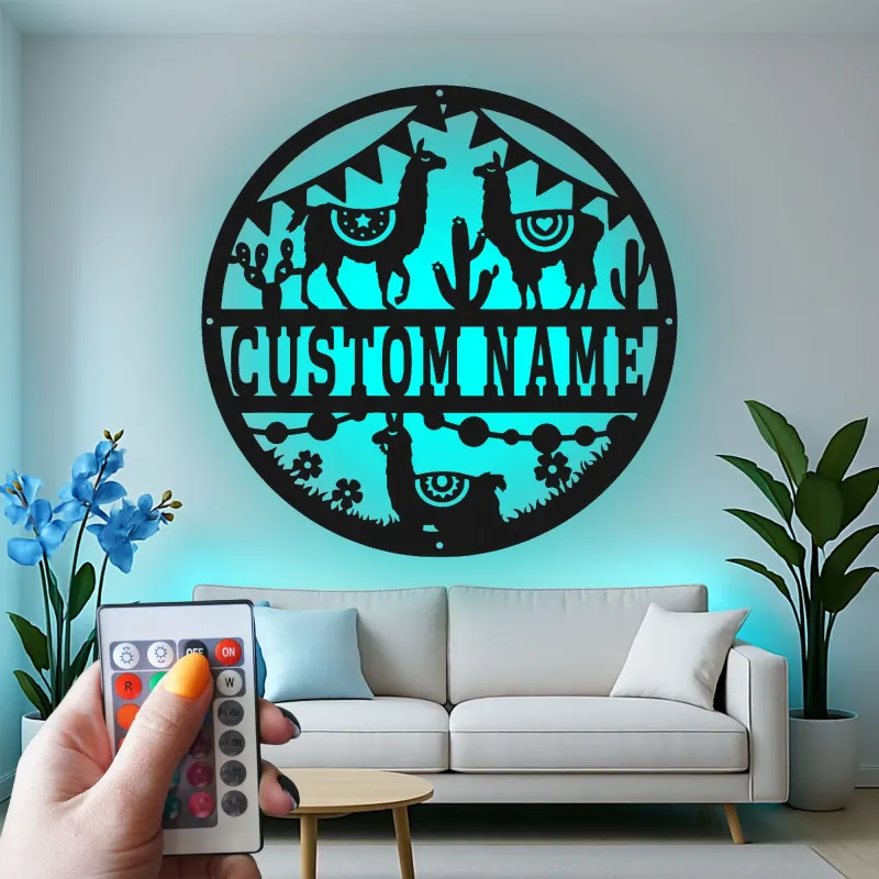 Custom Llama Desert Scene Led Light Metal Wall Art Personalized Gift for Llama Lovers Living Room or Nursery Decor