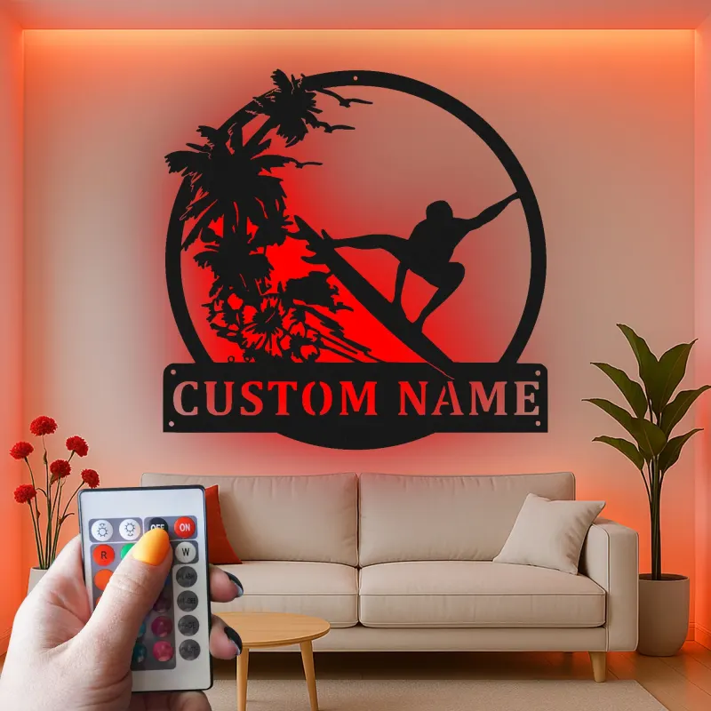 Custom Surfer Metal Wall Art | Personalized LED Beach House Decor | Tropical Wave Silhouette Sign | Gift for Ocean Lovers