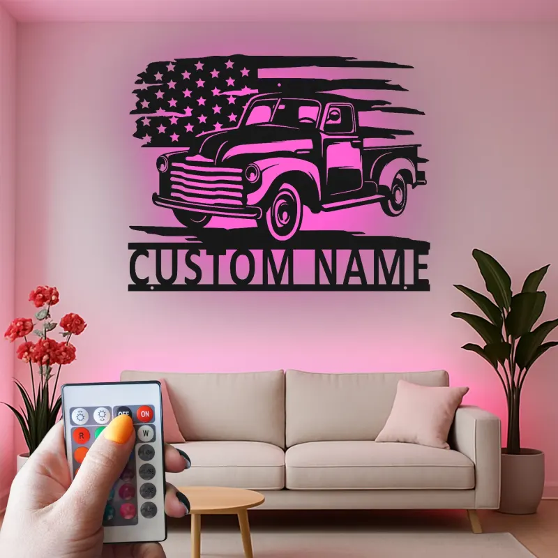 Personalisierte Vintage-Truck LED-Licht Metall-Wandkunst Geschenk für Auto-Enthusiasten Garagen- oder Männerecken-Dekor