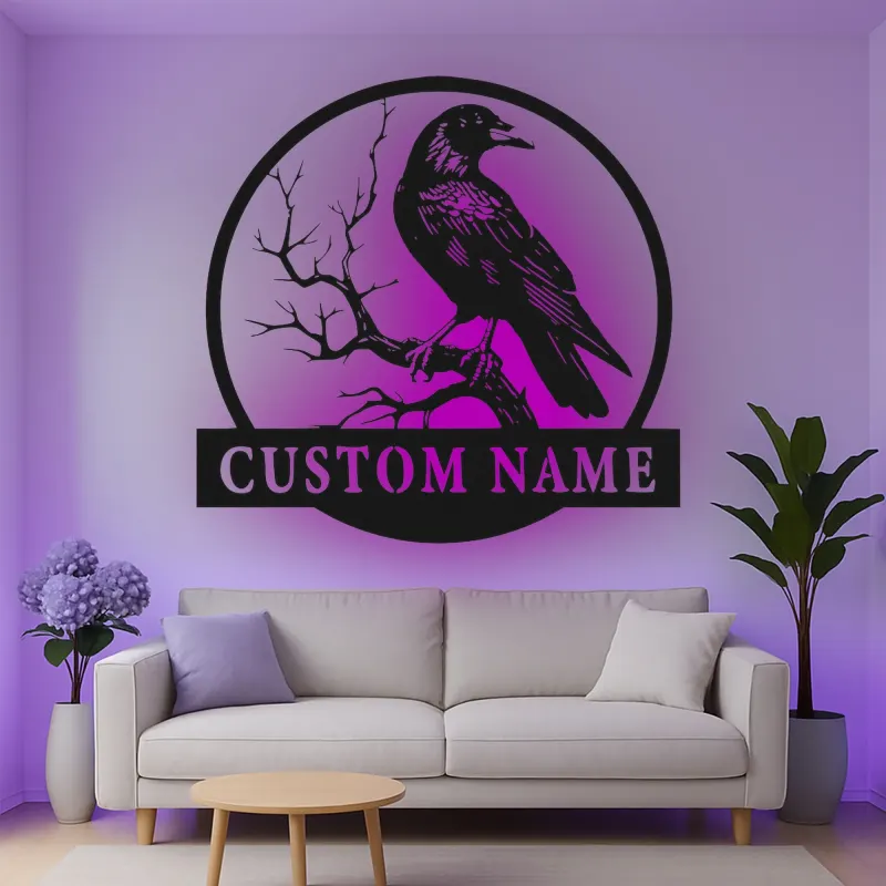Insegna in metallo LED personalizzata con corvo - Regalo unico per amanti degli uccelli e decorazione per ufficio o soggiorno