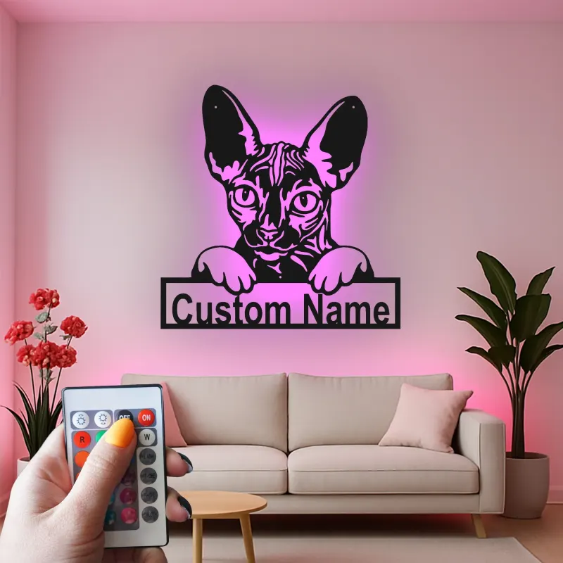 Insegna Personalizzata per Gatto Sphynx | Arte in Metallo LED da Parete Personalizzata | Regalo per Amanti dei Gatti Senza Pelo | Decorazione Moderna per Casa e Clinica Veterinaria