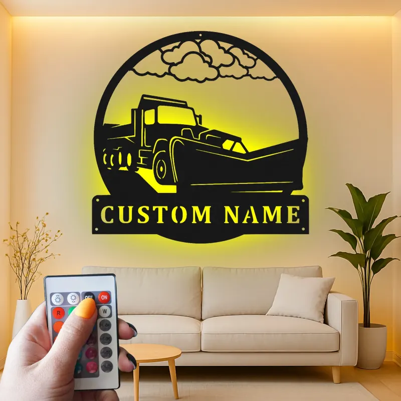 Snow Plow Truck Metal Sign | Custom LED Garage Wall Art | Personalized Gift for Driver | Heavy Duty Vehicle Decor