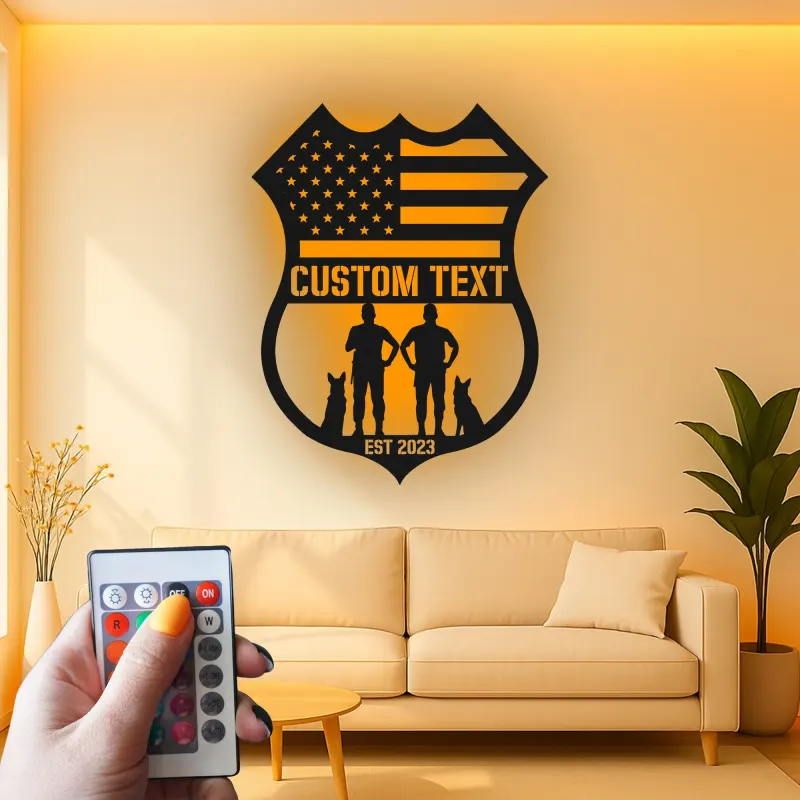 Police Officer & K9 Unit LED Sign | Personalized Law Enforcement Metal Art | Custom American Flag Shield | Police Officer Gift