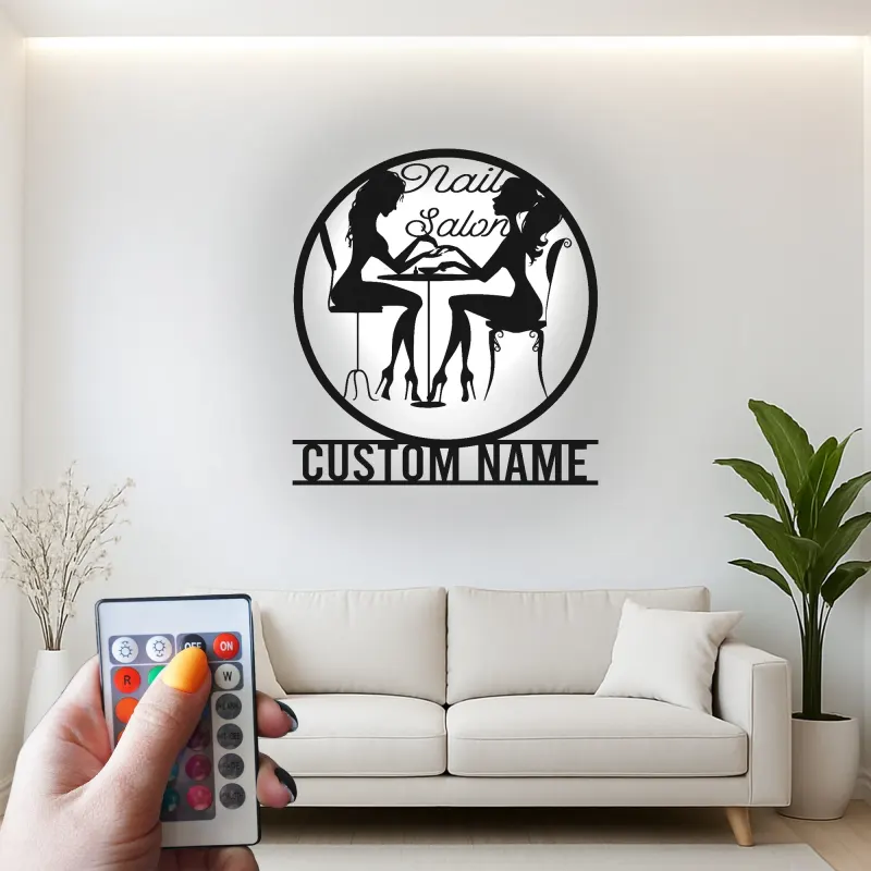 Cartel personalizado para salón de uñas con LED | Decoración mural de metal personalizada para técnicas | Decoración elegante para estudio de belleza