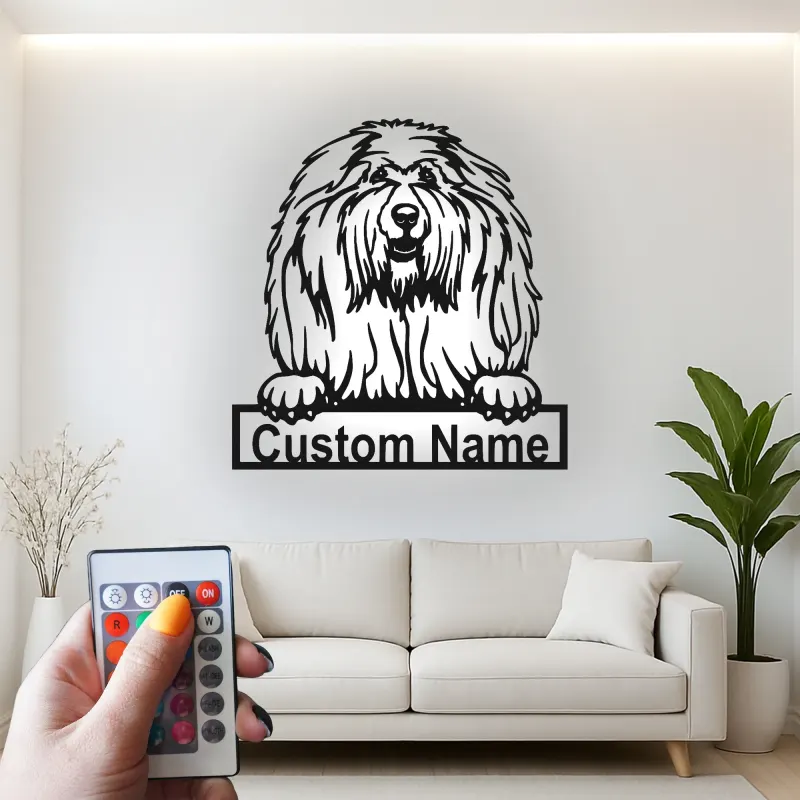 Cartel LED de Old English Sheepdog | Decoración mural de metal personalizada | Regalo personalizado para amantes de los perros con nombre
