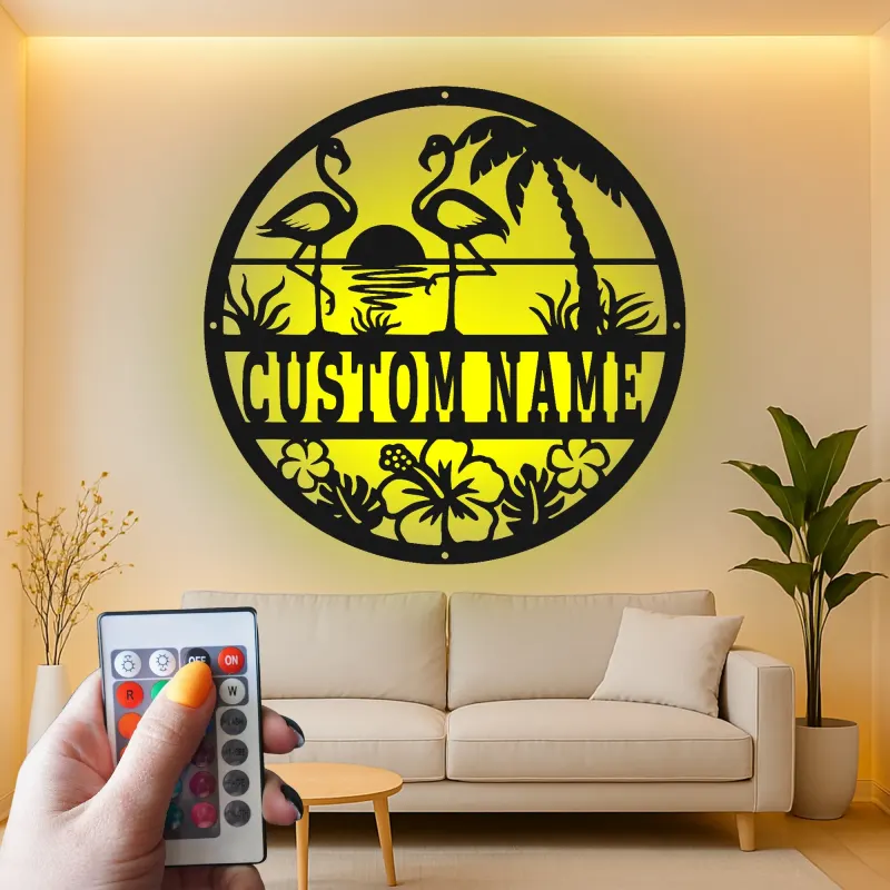 Flamingo Metal Sign with LED | Custom Tropical Wall Art | Personalized Patio & Poolside Decor | Beach House Gift