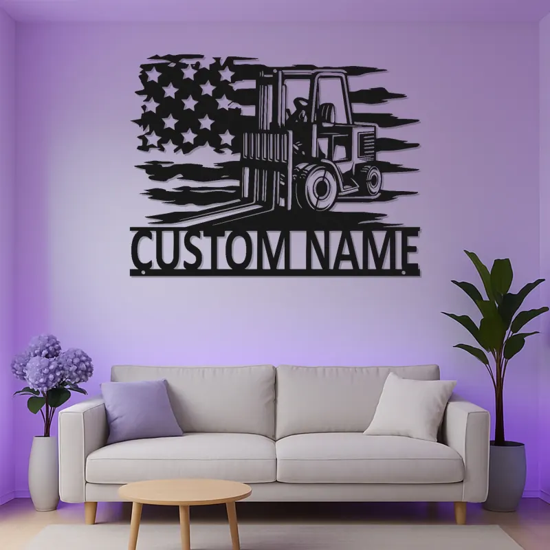 Enseigne en métal personnalisée pour chariot élévateur avec LED | Décoration industrielle avec prénom | Décor de garage et cadeau pour lui | Décoration murale drapeau américain