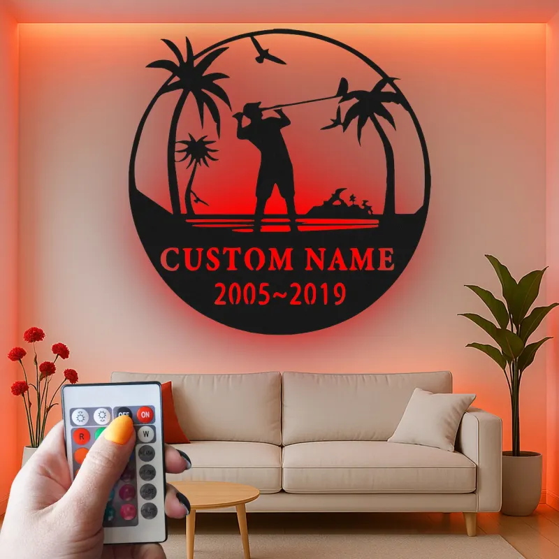 Décoration murale en métal personnalisée pour golfeur avec LED | Déco sur mesure pour club de golf | Panneau gravé avec prénom | Cadeau pour passionné de golf