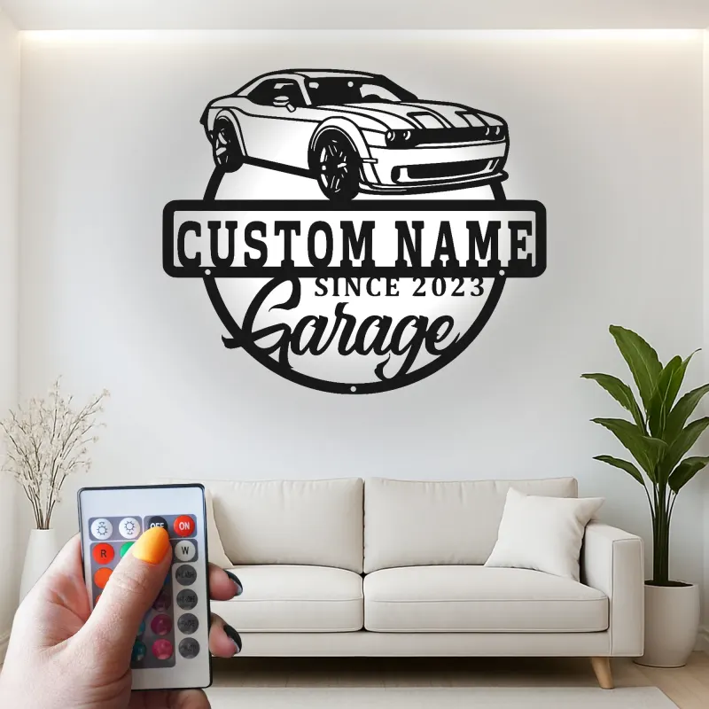 Insegna Garage Challenger Personalizzata | Insegna in Metallo LED | Decorazione per Man Cave per Appassionati di Auto