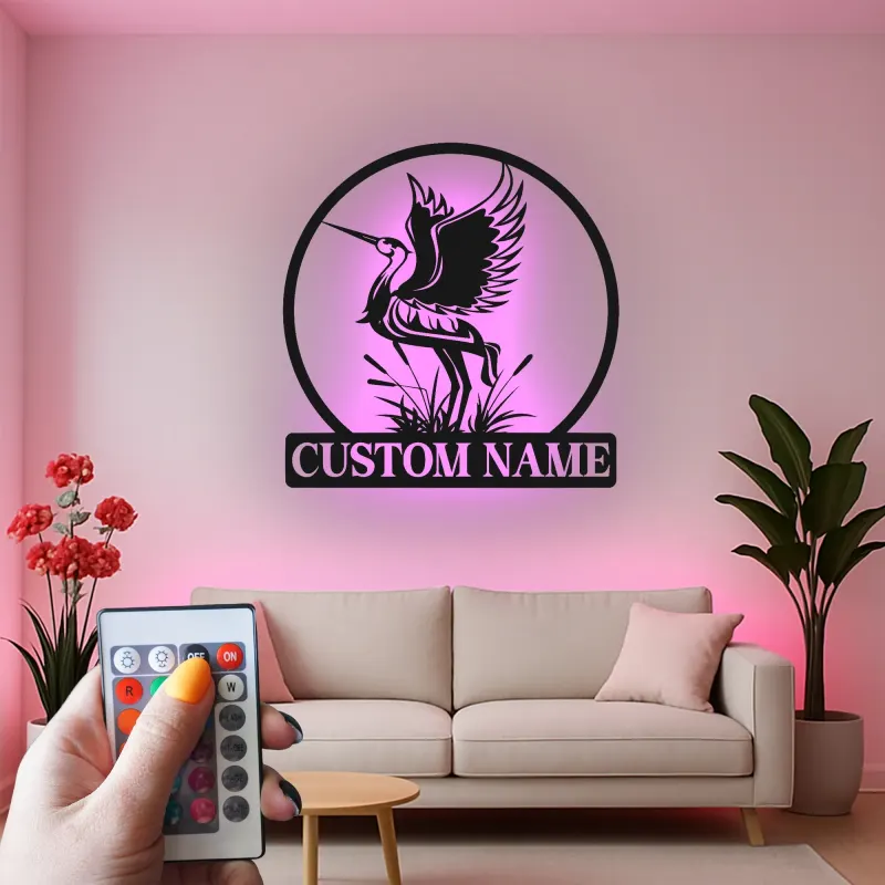 Insegna personalizzata con Airone | Arte murale in metallo LED personalizzata | Decorazione naturale per casa al lago e ufficio | Regalo per amanti della fauna selvatica