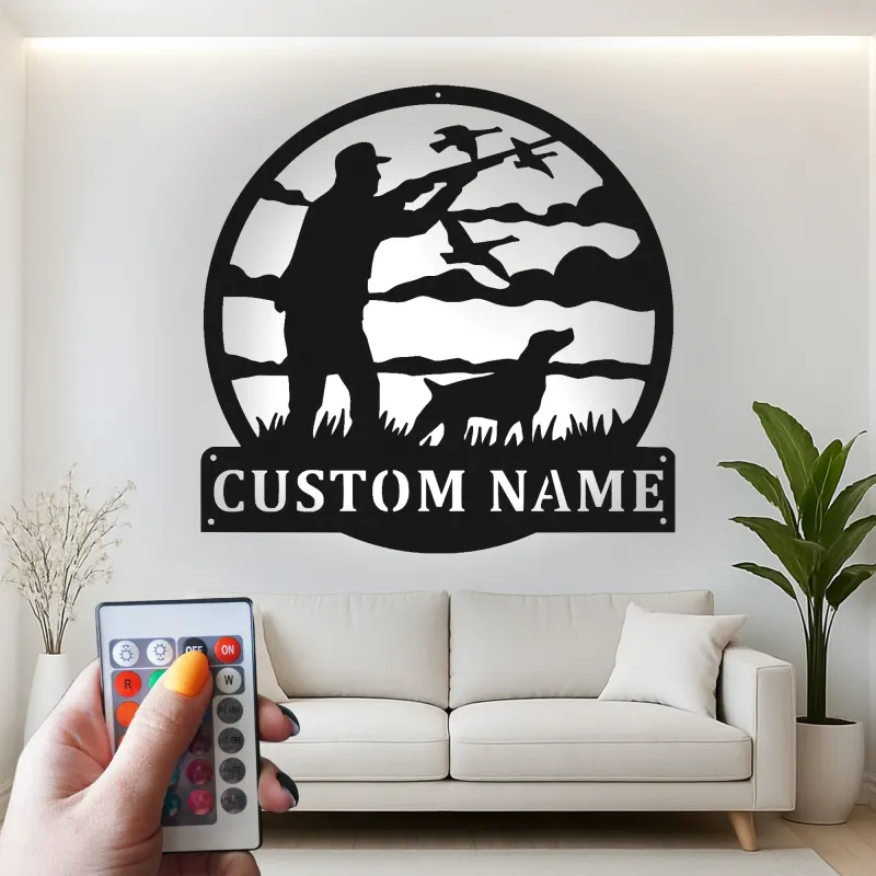 Décoration murale en métal personnalisée Chasseur et Chien avec rétroéclairage LED Cadeau pour Amateurs de Plein Air Décor de Man Cave ou de Cabane