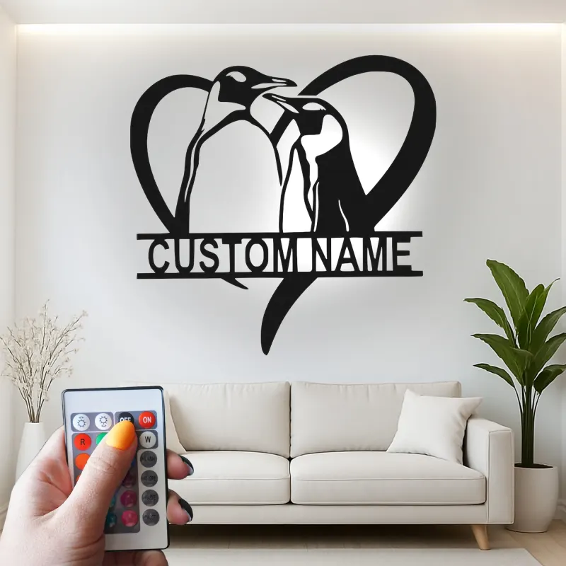 Custom Penguin Couple Led Light Metal Wall Art Romantic Gift for Couples Bedroom or Living Room Decor