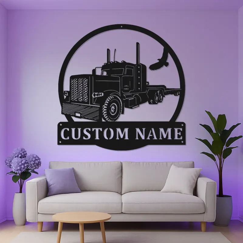 Custom Semi Truck LED Metal Sign | Personalized Trucker Name Art | Big Rig Decor for Man Cave | Gift for Driver