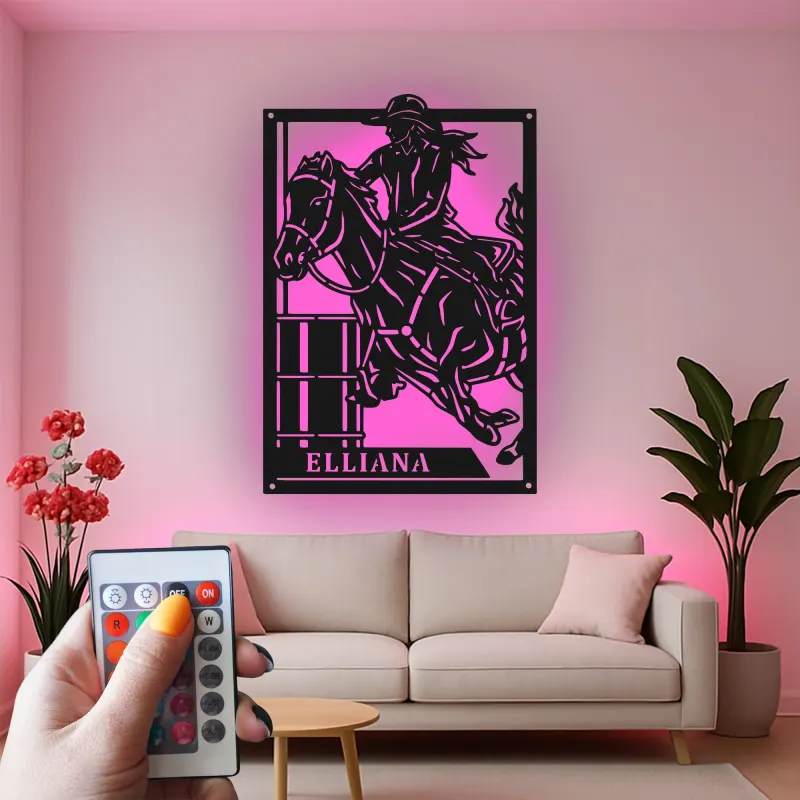Cartel de metal LED personalizado de jinete de barriles, regalo ecuestre para amantes de los caballos, decoración western para el hogar