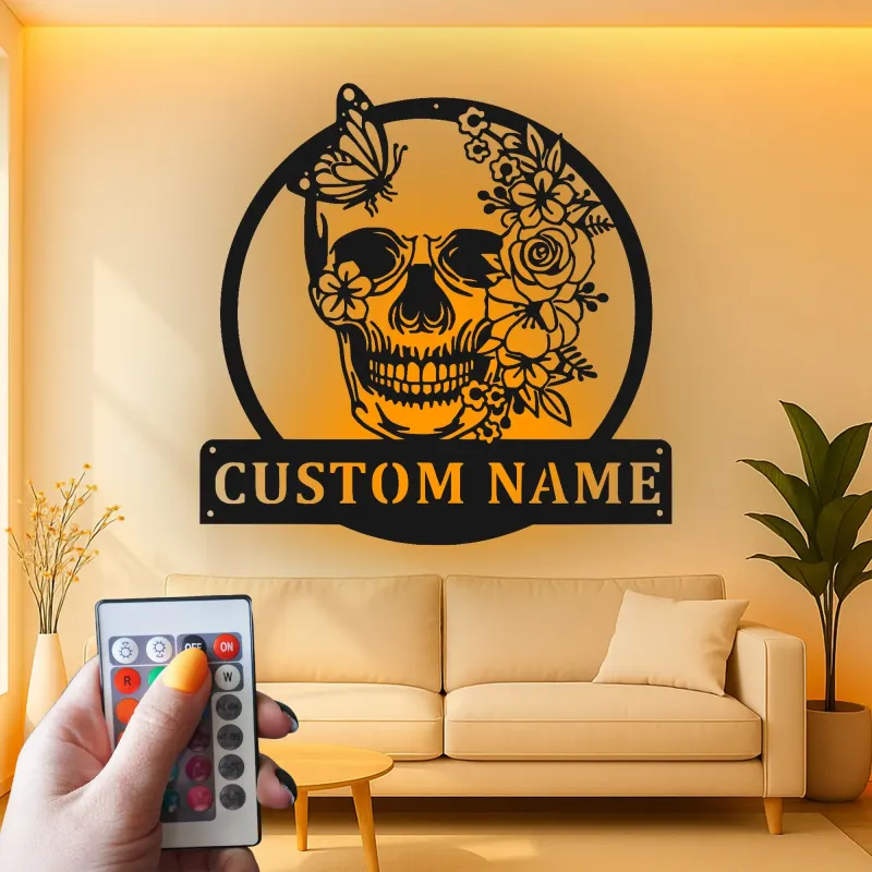 Floral Skull LED Metal Sign | Personalized Gothic Wall Art | Custom Name Decor for Bedroom, Studio & Living Room