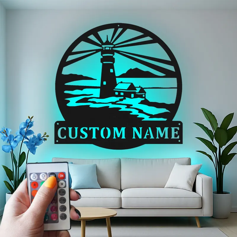 Panneau en métal personnalisé de phare | Art mural côtier rétro éclairé | Décor de maison de plage personnalisé | Cadeau nautique pour cabane