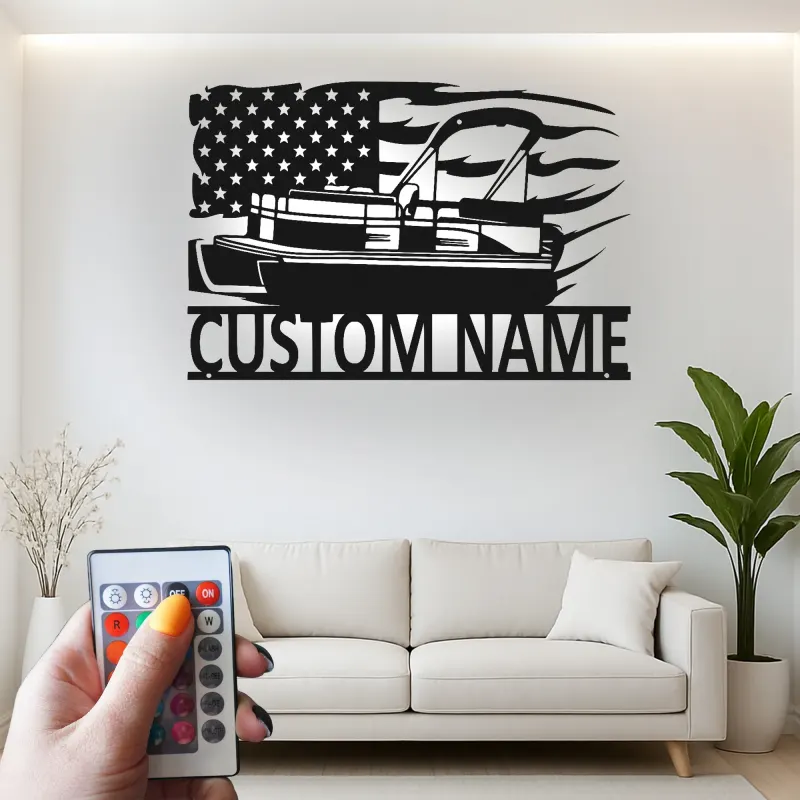 Plaque en métal personnalisée pour bateau ponton | Décoration murale avec drapeau américain LED | Décor de maison au bord du lac personnalisé | Cadeau nautique