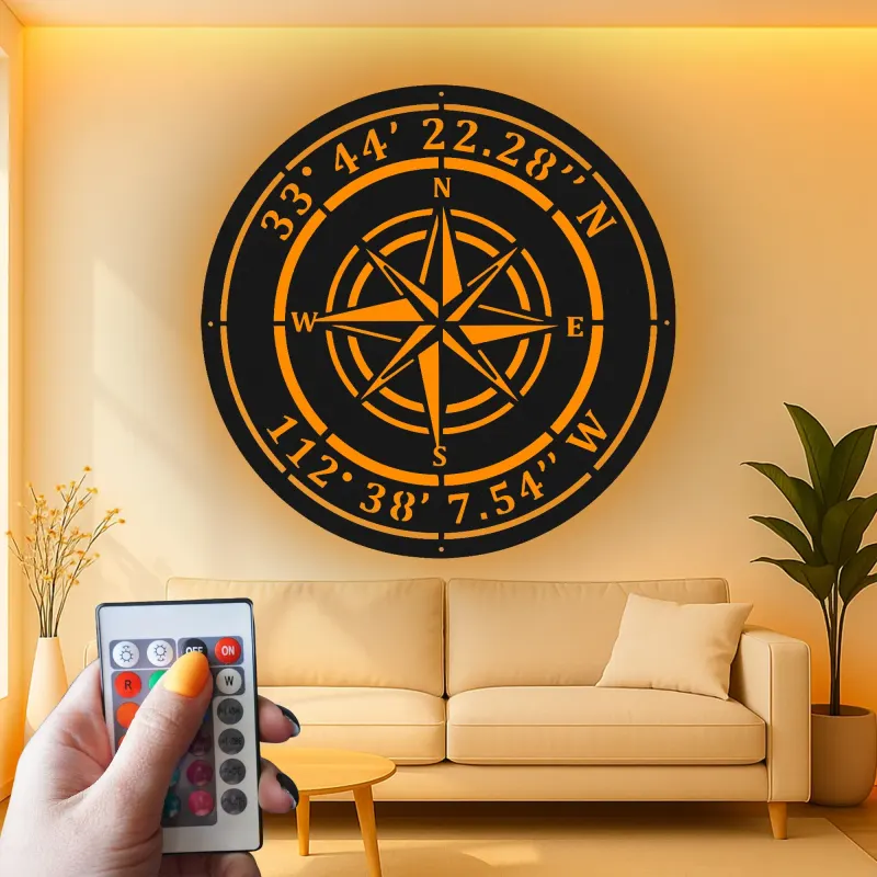 Cartel de metal LED personalizado de rosa de los vientos Regalo náutico para viajeros Decoración de sala de estar u oficina