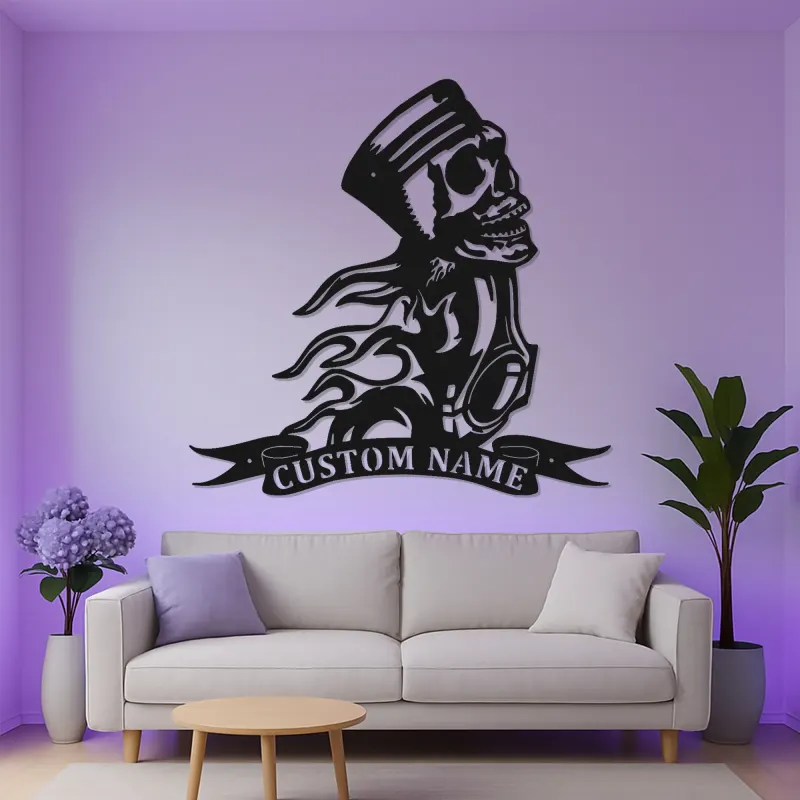 Cartel de metal personalizado con calavera de motocicleta | Señal de garaje de motorista con LED | Decoración de hombre de cueva con llamas de pistón