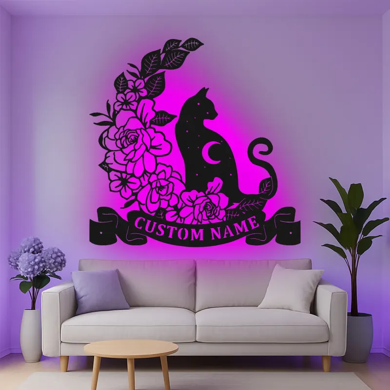 Décoration murale en métal personnalisée Chat et Fleurs avec rétroéclairage LED Cadeau pour amoureux des chats Décor de chambre ou de salon