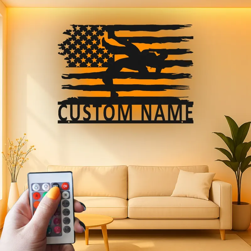 Décoration murale en métal personnalisée avec lumière LED drapeau américain pour lutteur - Cadeau sportif pour athlètes, décoration de gym ou de chambre