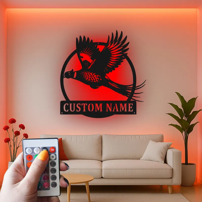Arte da parete in metallo con fagiano | Insegna LED personalizzata per rifugio di caccia | Regalo su misura per cacciatori e arredo lodge | Sagoma realistica di uccello