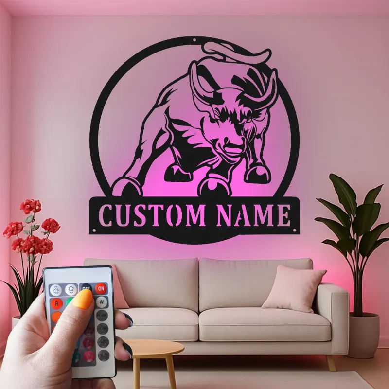 Insegna in metallo personalizzata con luce LED a forma di toro, regalo per allevatori, decorazione rustica per il soggiorno