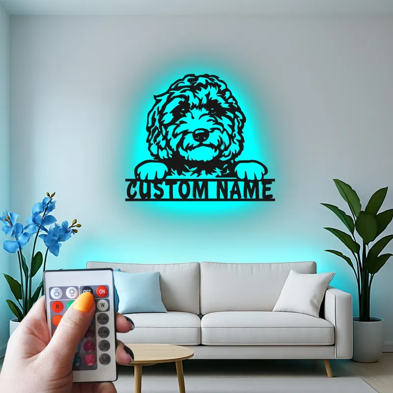 Personalisierte Labradoodle LED-Licht Metall-Wandkunst für Hundeliebhaber