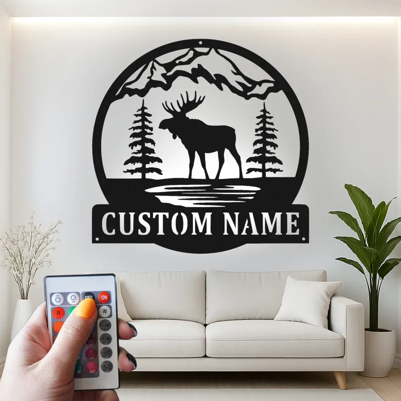 Cartel de metal personalizado con alce | Arte LED de fauna personalizado para cabaña y lodge | Regalo rústico para amantes de la naturaleza